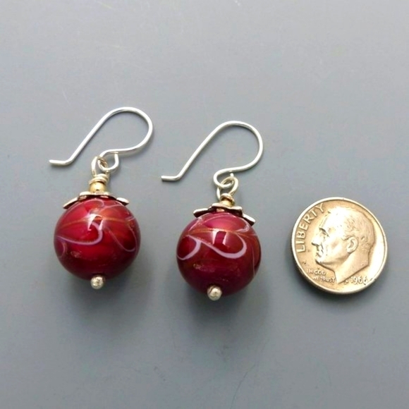 𝅺FESTIVE Red Ceramic Bead with Sterling Silver Earring Dangles - Picture 4 of 4